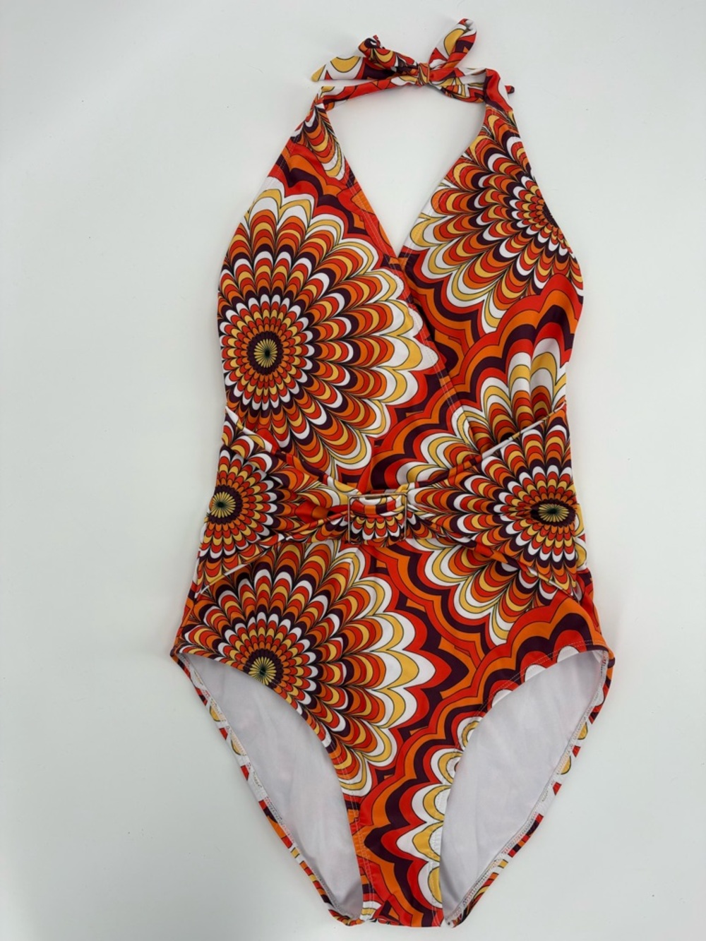 Grace Karin Halter Swimwear Orange Retro Print One-Piece w/Belt Women’s Medium